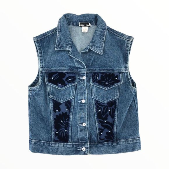 90’s Vintage Denim Floral Burnout Rhinestone Button Front Collared Vest Small - Picture 2 of 10